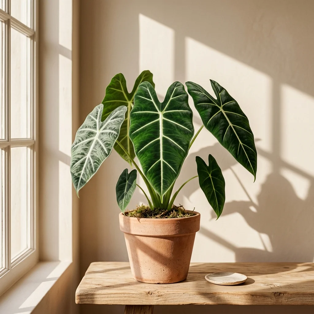 Alocasia Frydek plant with several large arrow-shaped velvet leaves growing in a bright, humid indoor spot.