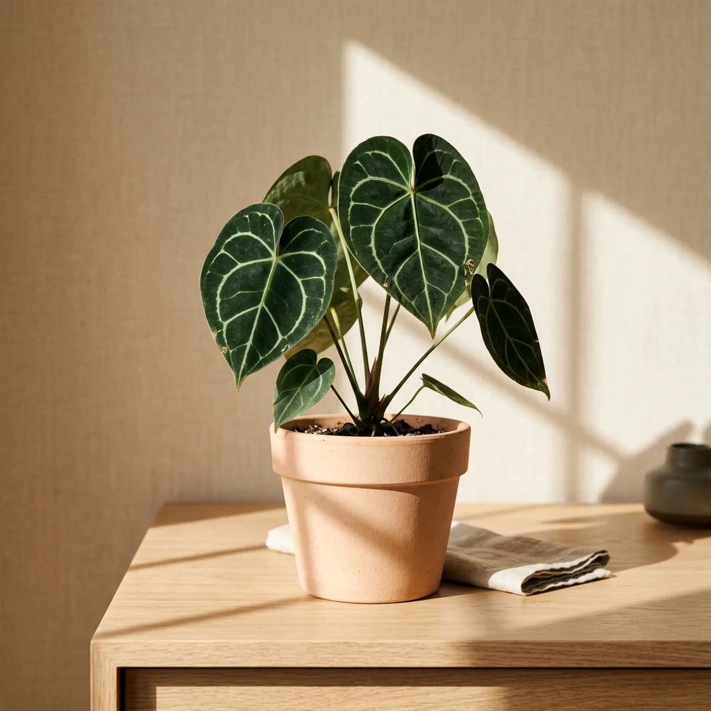 Compact Anthurium Clarinervium plant with several heart-shaped velvet leaves on a bright windowsill shelf.