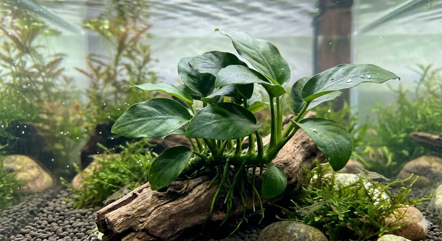 Anubias Nana attached to driftwood in a lush freshwater aquarium