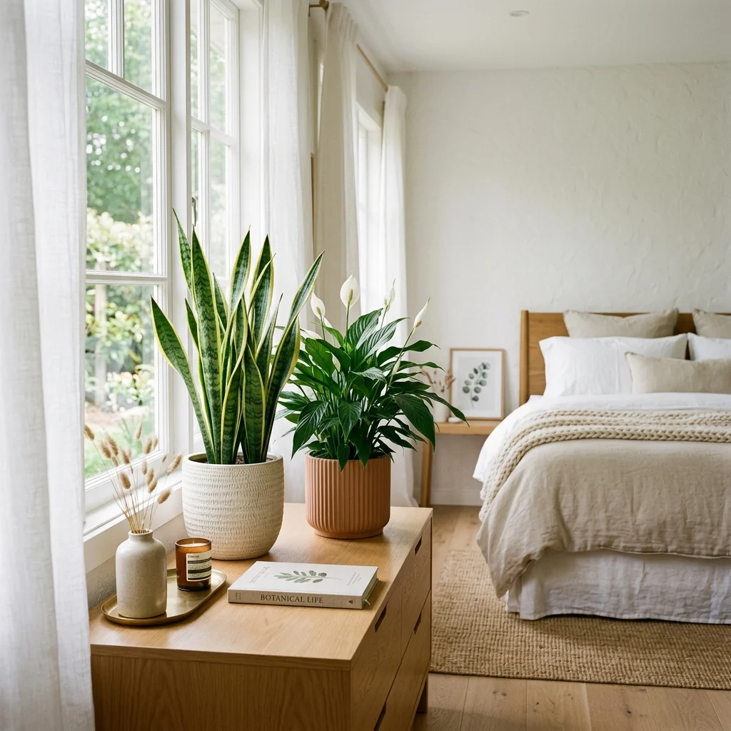Snake Plant and Peace Lily on a bedroom dresser near a humidifier, soft morning light