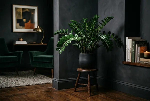 Pothos cascading from a shelf in a dim hallway lit by a small table lamp, green lush leaves
