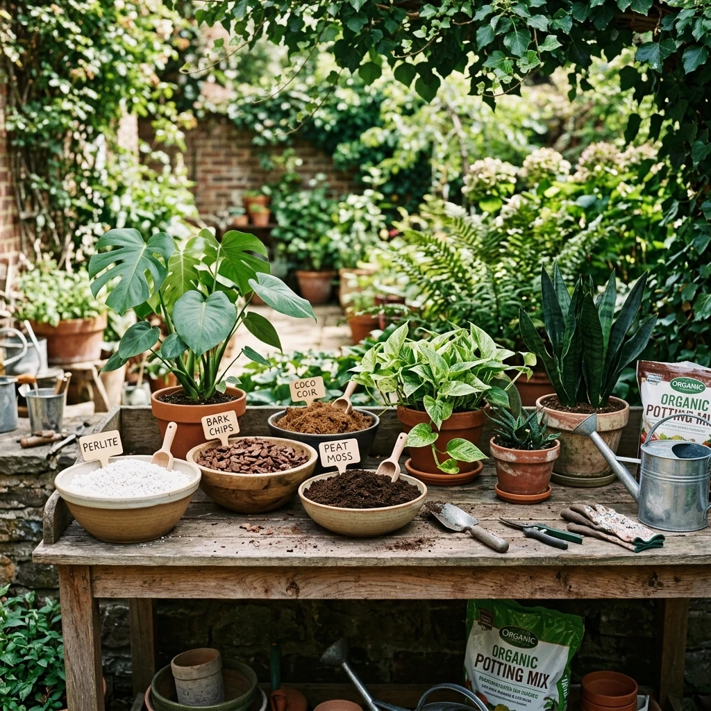 Hands mixing indoor potting soil with perlite and orchid bark for a chunky houseplant mix