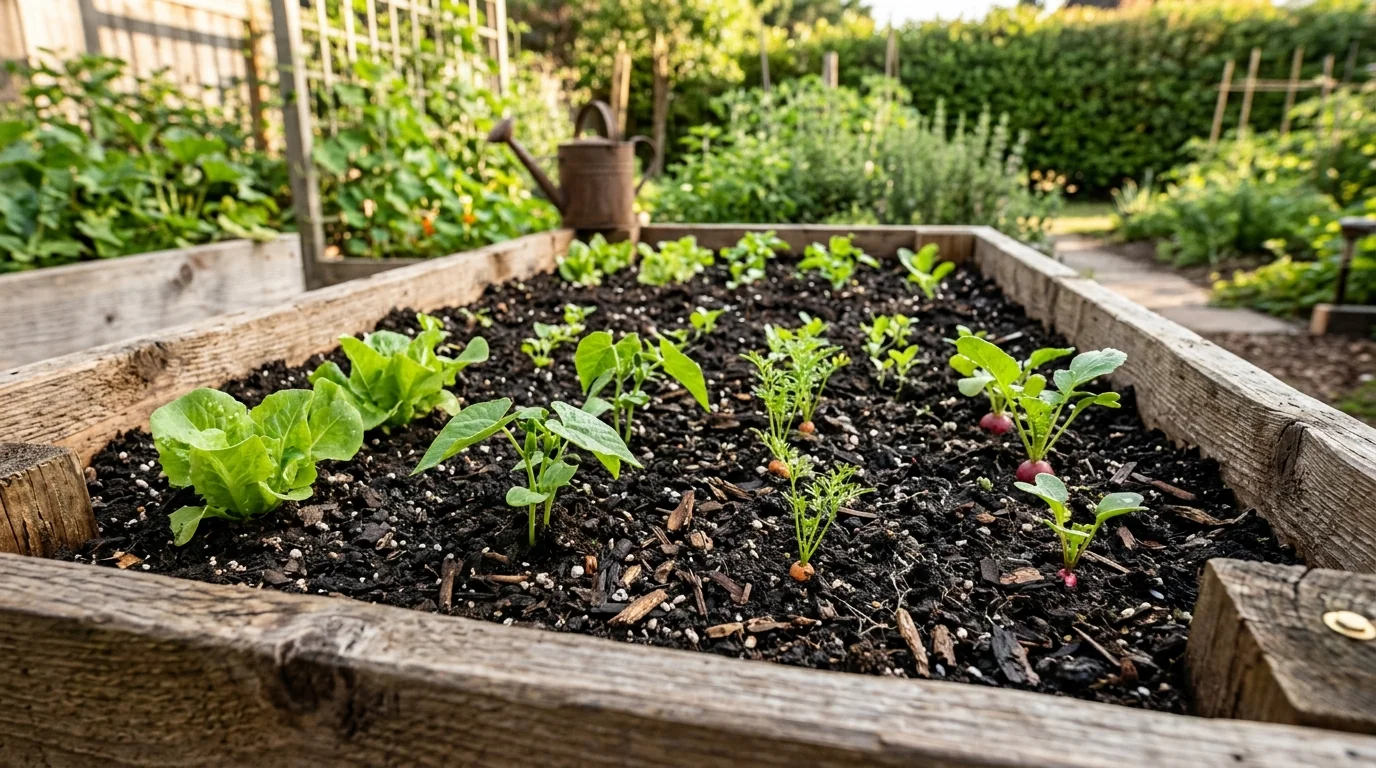 Raised garden bed filled with dark soil and compost blend