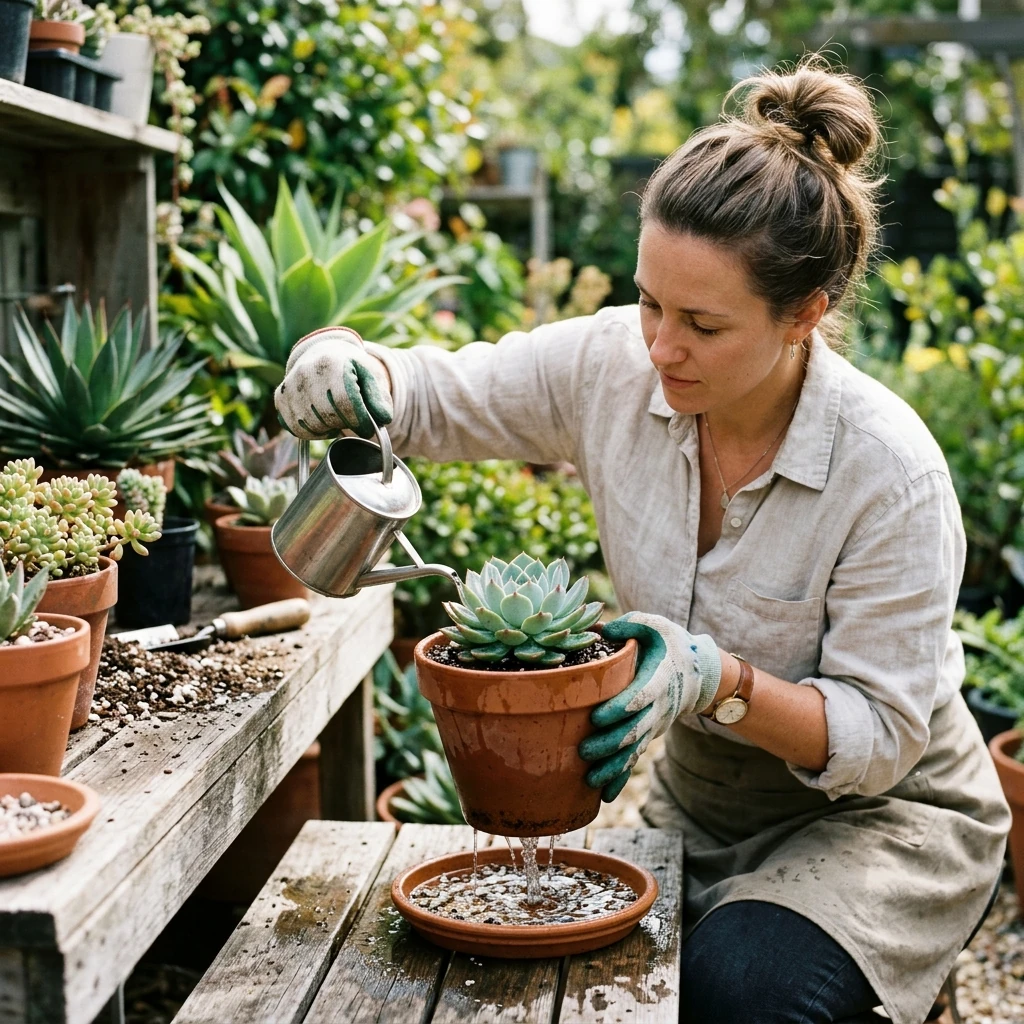 A healthy succulent being deeply watered in a terracotta pot