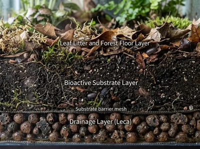 Cross-section of a planted bioactive paludarium substrate showing drainage, separator, soil, roots, and leaf litter