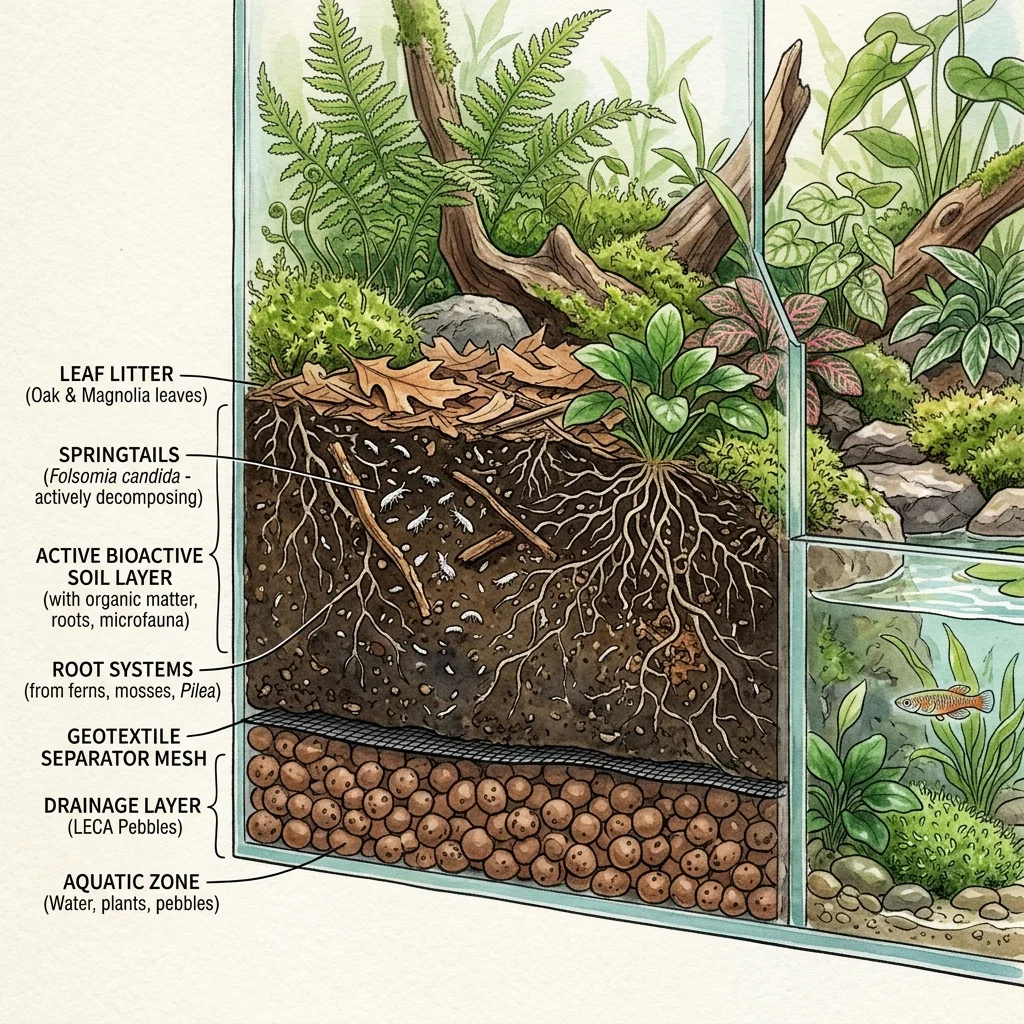 Cross-section of a planted bioactive paludarium substrate showing drainage, separator, soil, roots, and leaf litter