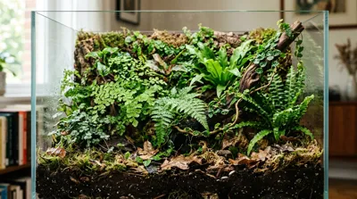 Lush bioactive terrarium showing plant growth, soil substrate layers, and leaf litter