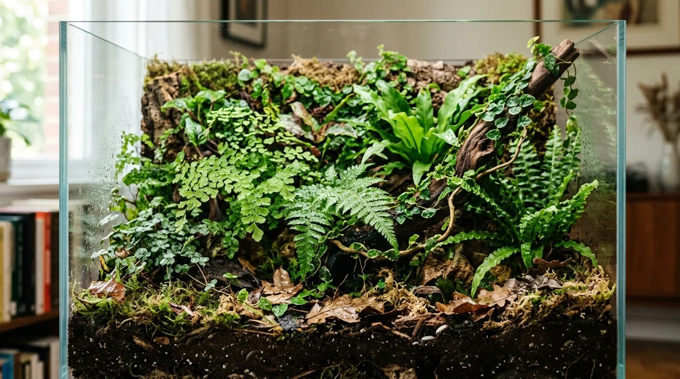 Lush bioactive terrarium showing plant growth, soil substrate layers, and leaf litter