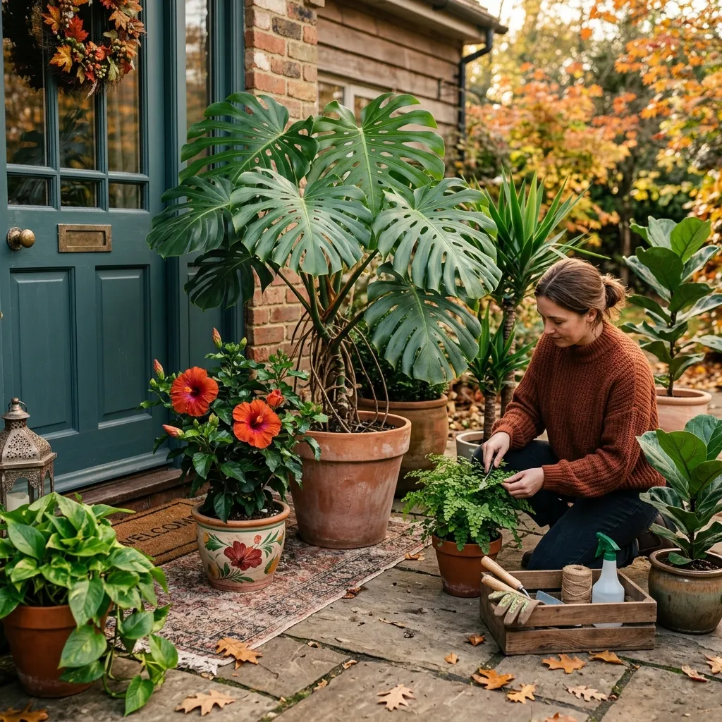 Outdoor container plants being prepared to move indoors before winter