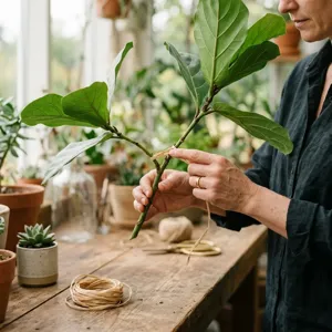 A broken houseplant stem being supported with a small splint and plant tape