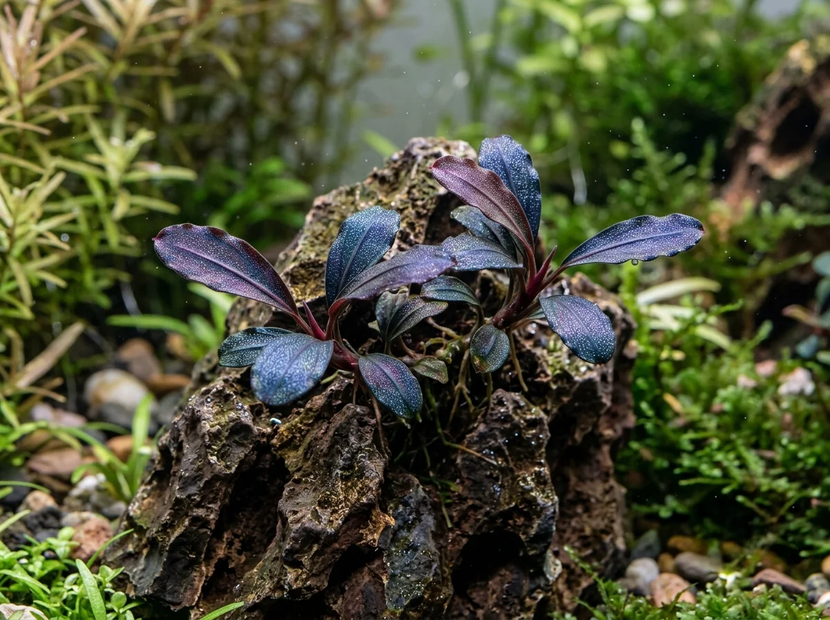 Bucephalandra with iridescent blue-green leaves attached to dragon stone