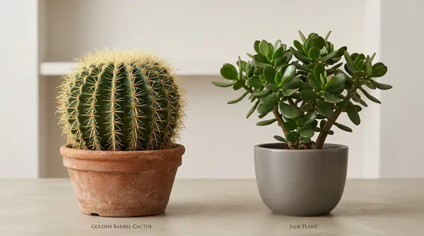 Side-by-side comparison of a barrel cactus with areoles and a jade plant with fleshy leaves