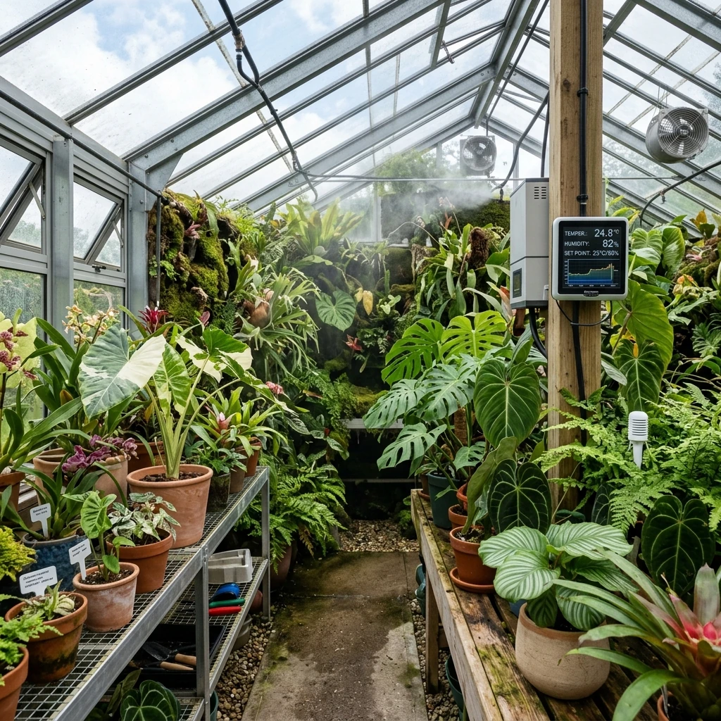Rare tropical plants growing in a controlled indoor greenhouse environment with humidity and temperature monitoring