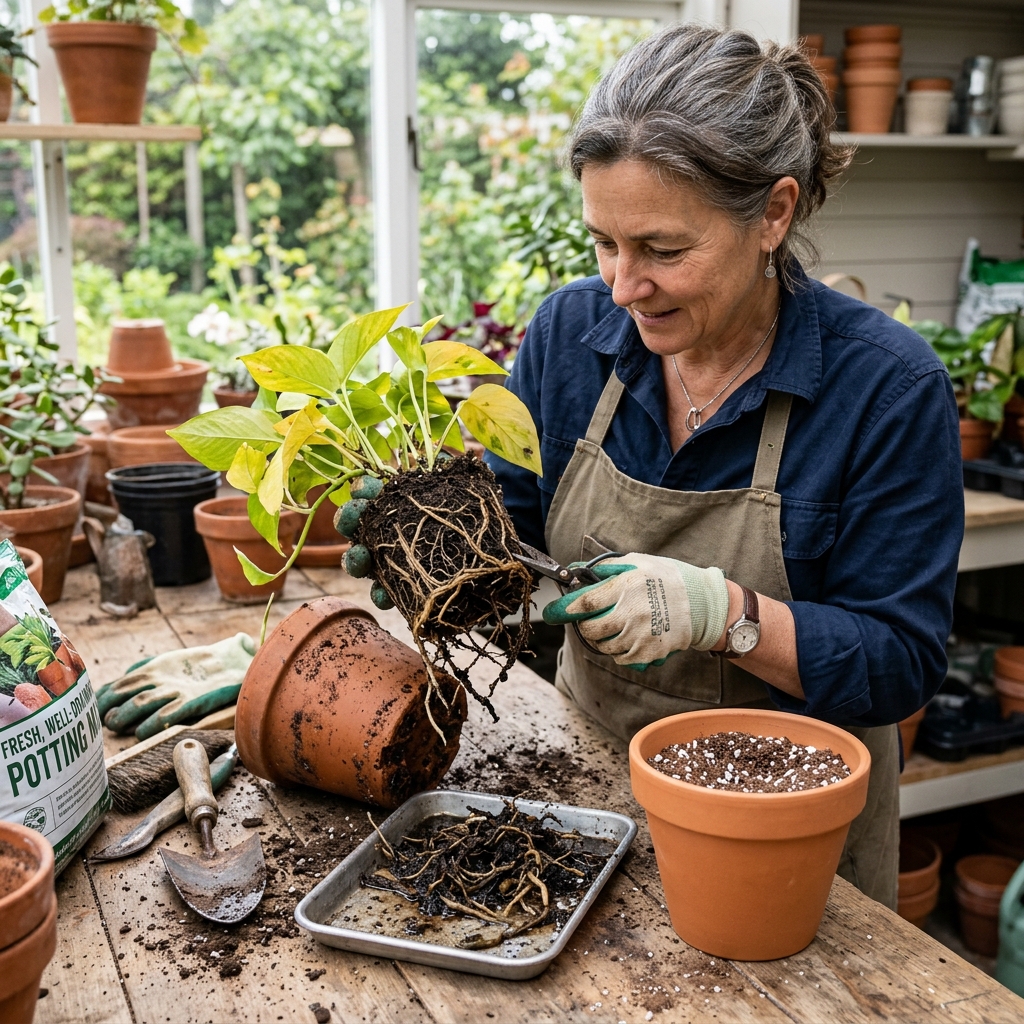 A gardener examining the roots of a plant with signs of root rot, cutting away mushy roots, and repotting into fresh, well-draining soil