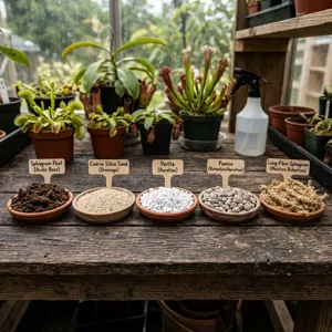 Carnivorous plant substrate components showing sphagnum peat, coarse silica sand, perlite, pumice, and long-fiber sphagnum