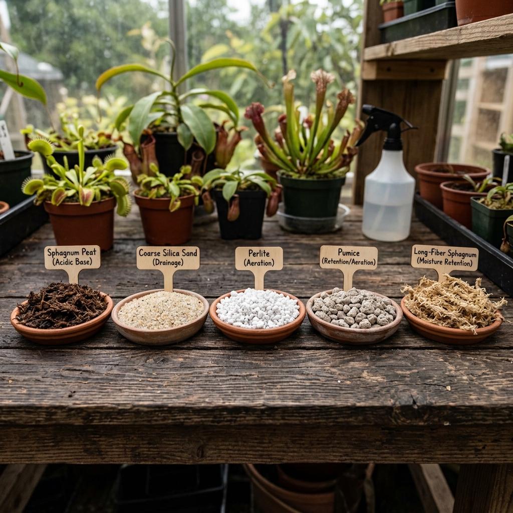 Carnivorous plant substrate components showing sphagnum peat, coarse silica sand, perlite, pumice, and long-fiber sphagnum