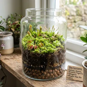 Layered carnivorous plant terrarium showing LECA drainage, mineral-free bog substrate, live sphagnum, and planted carnivorous species