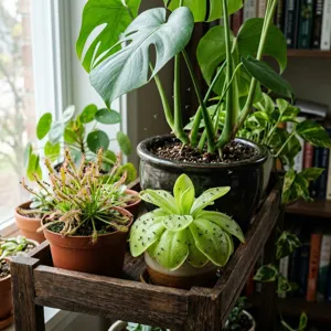 Cape sundew and Mexican butterwort pots placed beside a Monstera with fungus gnats stuck to their glistening sticky leaves