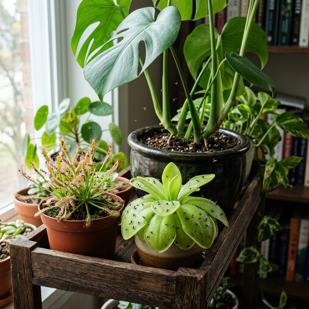 Cape sundew and Mexican butterwort pots placed beside a Monstera with fungus gnats stuck to their glistening sticky leaves