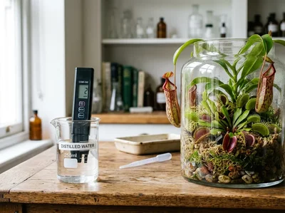 Handheld TDS pen meter reading low ppm in a glass of RO water beside a Cape sundew and a Nepenthes pitcher plant