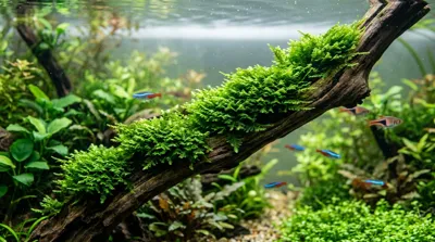 Tiered triangular fronds of Christmas Moss attached to driftwood underwater