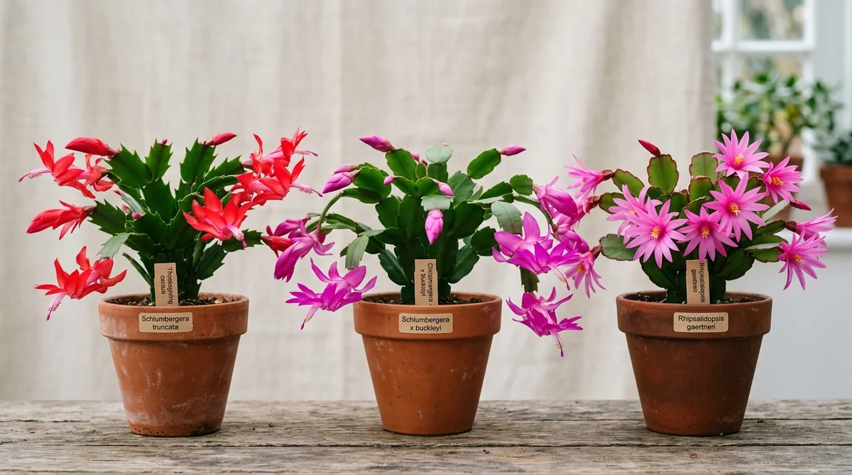 Holiday cactus plants in bloom showing differences in stem edges and flower shape