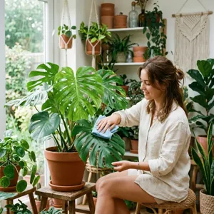 A person gently wiping the large, lush green leaf of a Monstera houseplant with a damp microfiber cloth