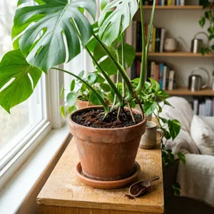 Used coffee grounds beside a terracotta pot containing an indoor houseplant, illustrating the popular myth