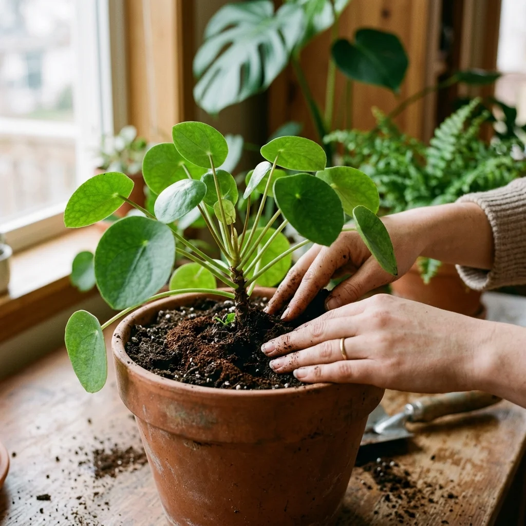 A close-up of used coffee grounds being gently mixed into potting soil around a healthy houseplant