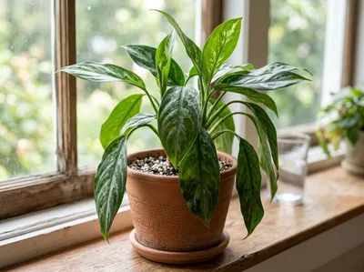 Houseplant with limp, darkened leaves after exposure to a sudden cold night