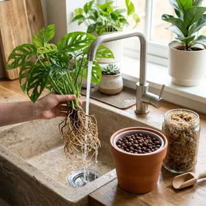 Bare-root houseplant being rinsed in lukewarm water beside a pot of damp Pon and a jar of long-fibre sphagnum for semi-hydro conversion