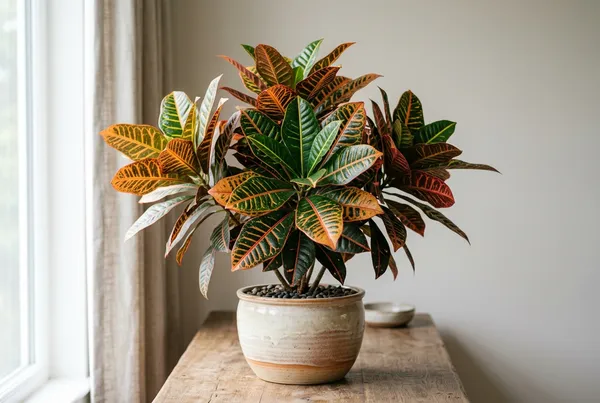 A potted Croton with multicoloured leaves on a south-facing windowsill, showing the vivid yellow and red markings.