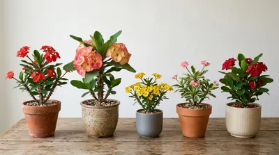 Crown of thorns varieties comparison showing different bract colors and plant sizes