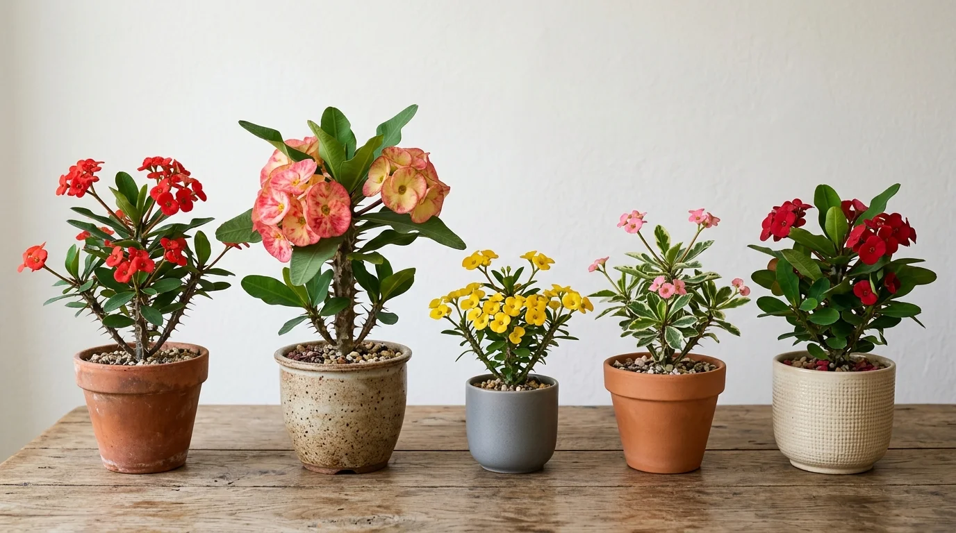 Crown of thorns varieties comparison showing different bract colors and plant sizes