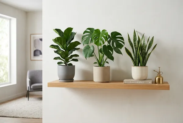 A serene, bright living room with just five large, healthy plants—Monstera, Snake Plant, ZZ, Pothos, and a Ficus—instead of a crowded shelf