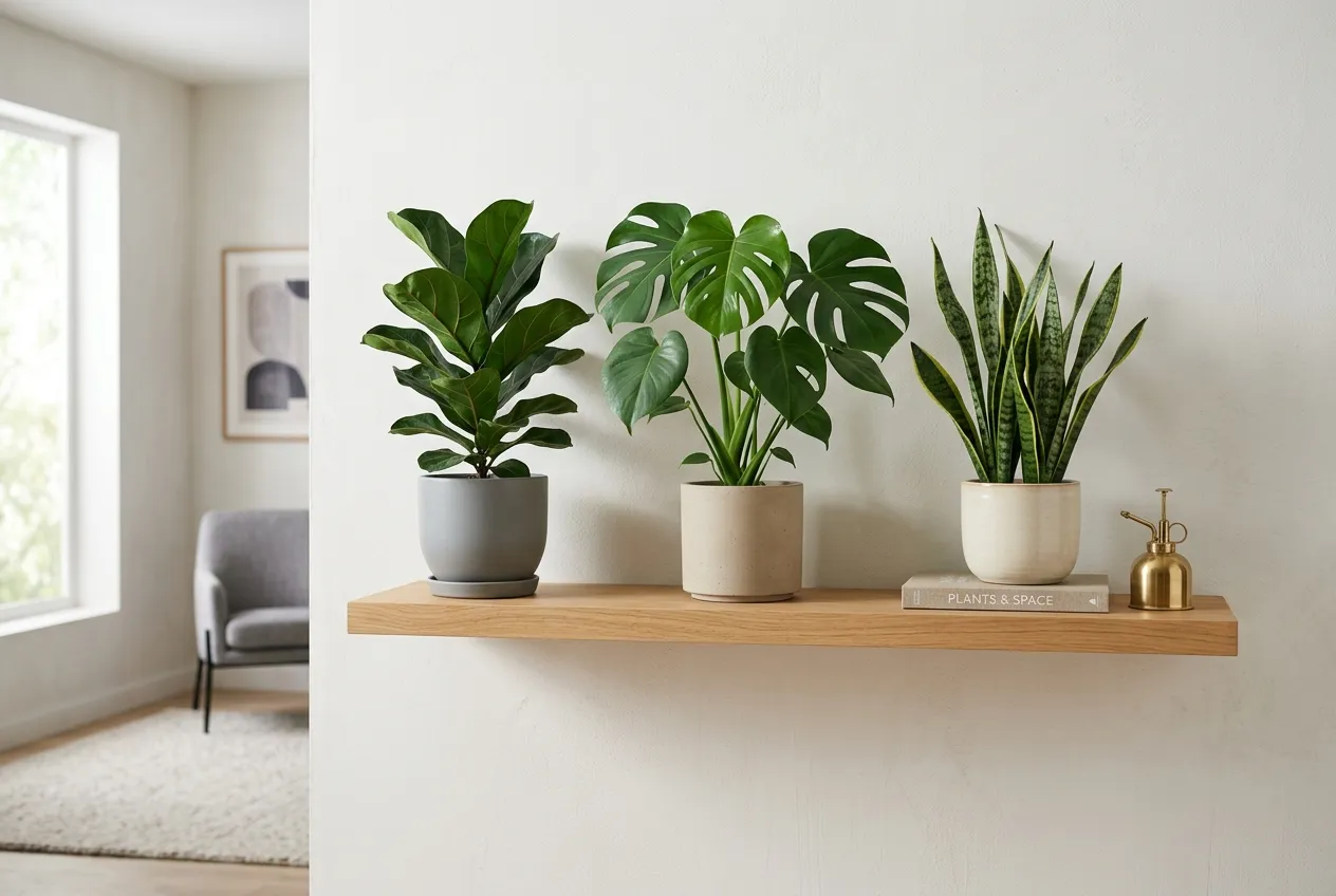 A serene, bright living room with just five large, healthy plants—Monstera, Snake Plant, ZZ, Pothos, and a Ficus—instead of a crowded shelf