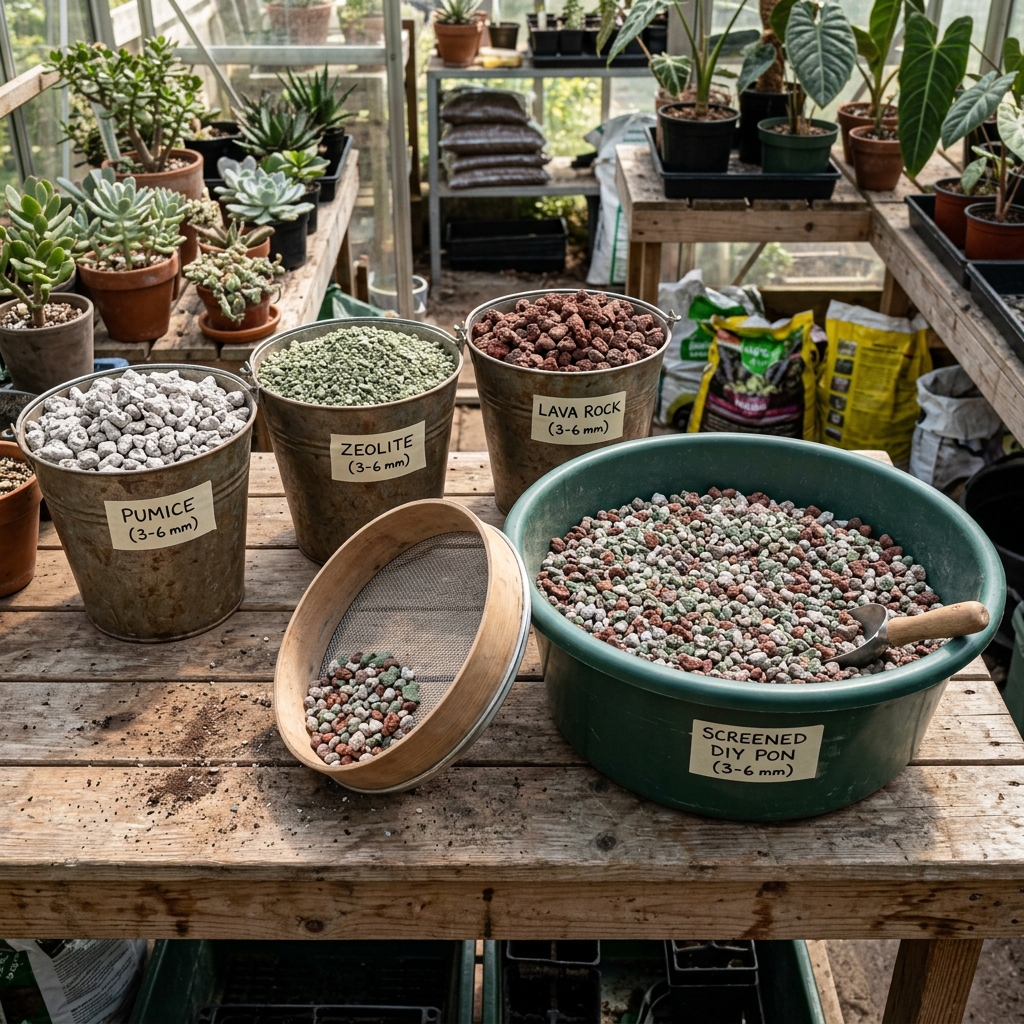 Three buckets of pumice, zeolite and lava rock beside a sieve and a mixing tub of screened 3-6 mm DIY Pon
