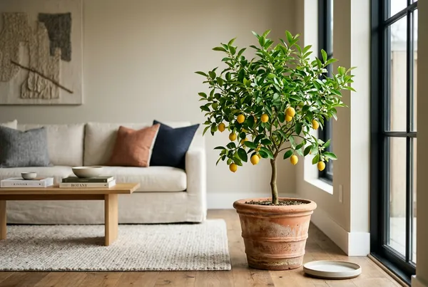 A healthy dwarf citrus tree with bright lemons growing in a large stylish ceramic planter on a sunlit indoor patio