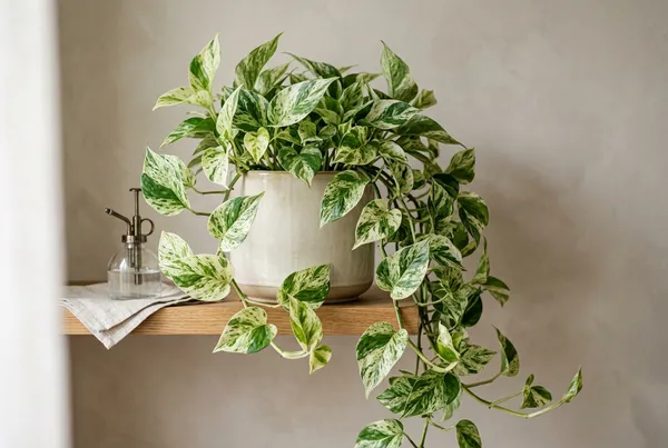 Close up of the heavy white variegation on Epipremnum aureum Marble Queen