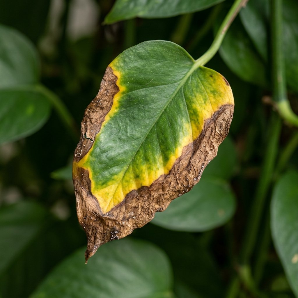 Close up of fertilizer burn on a houseplant leaf showing crispy brown edges