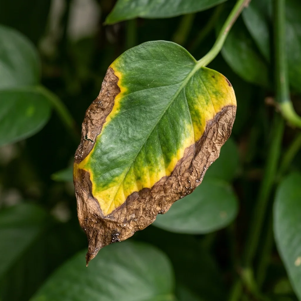Close up of fertilizer burn on a houseplant leaf showing crispy brown edges