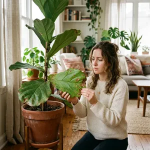 A concerned plant owner inspecting a distressed Fiddle Leaf Fig plant with a few brown spots on its leaves