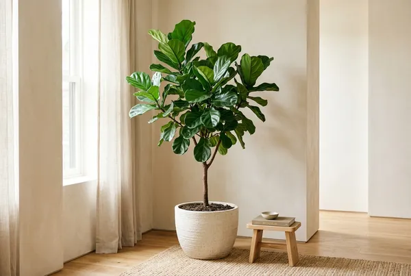 A lush Fiddle Leaf Fig tree standing in a modern minimalist living room with warm sunlight