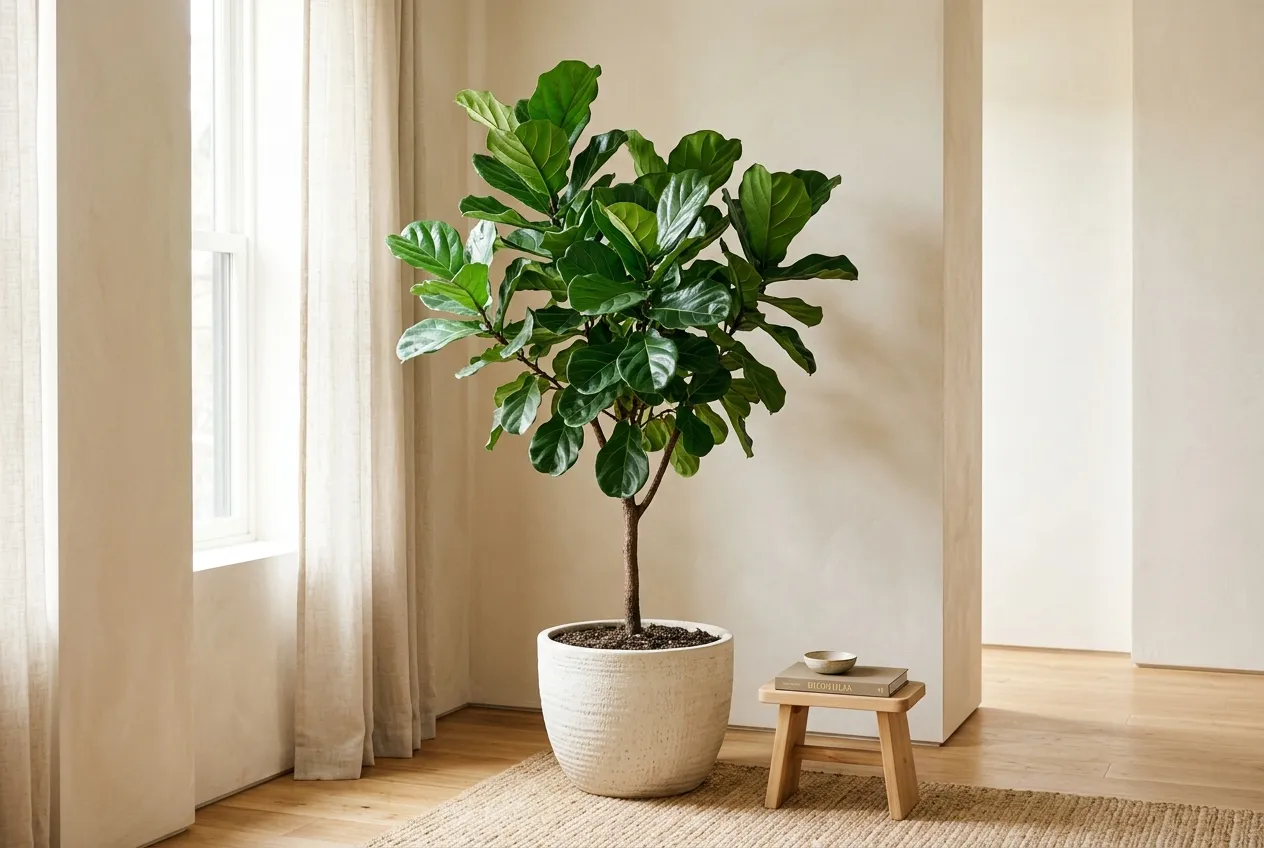 A lush Fiddle Leaf Fig tree standing in a modern minimalist living room with warm sunlight
