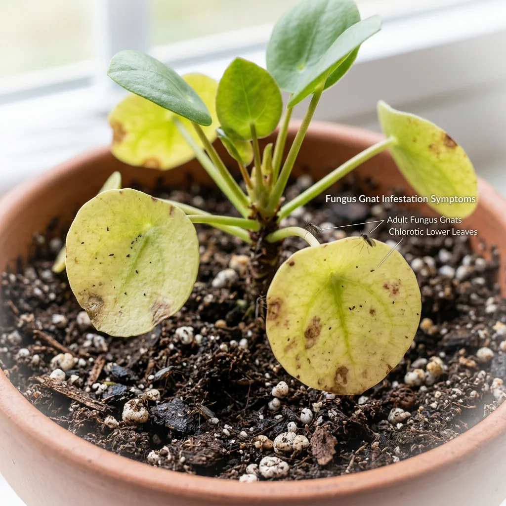 Close up of fungus gnat damage showing pale leaves and gnats on soil