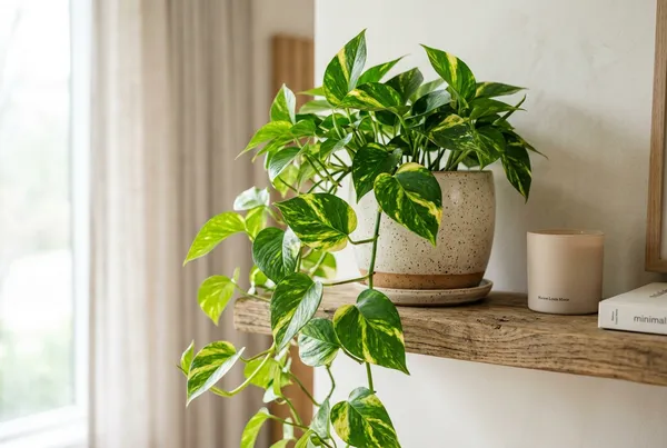Lush, trailing Golden Pothos (Money Plant) cascading from a white hanging planter indoors