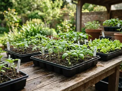 Seedlings in trays set in a sheltered, shaded outdoor spot while being hardened off