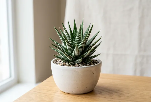 A healthy Zebra Plant succulent in a small terracotta pot