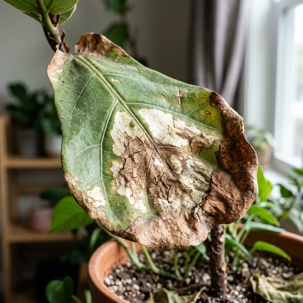 Heat stress and sun scorch on a plant leaf
