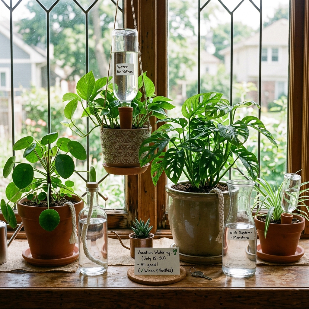 A self-watering setup for houseplants using wick systems and drip bottles on a windowsill ready for a vacation